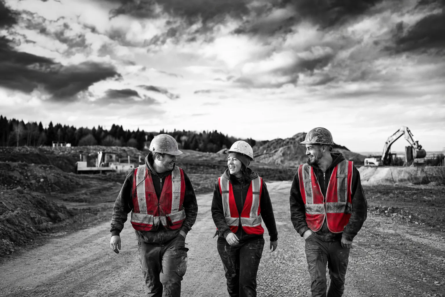Trois membres de l’équipe Lambert en dossard rouge marchent sur un chantier